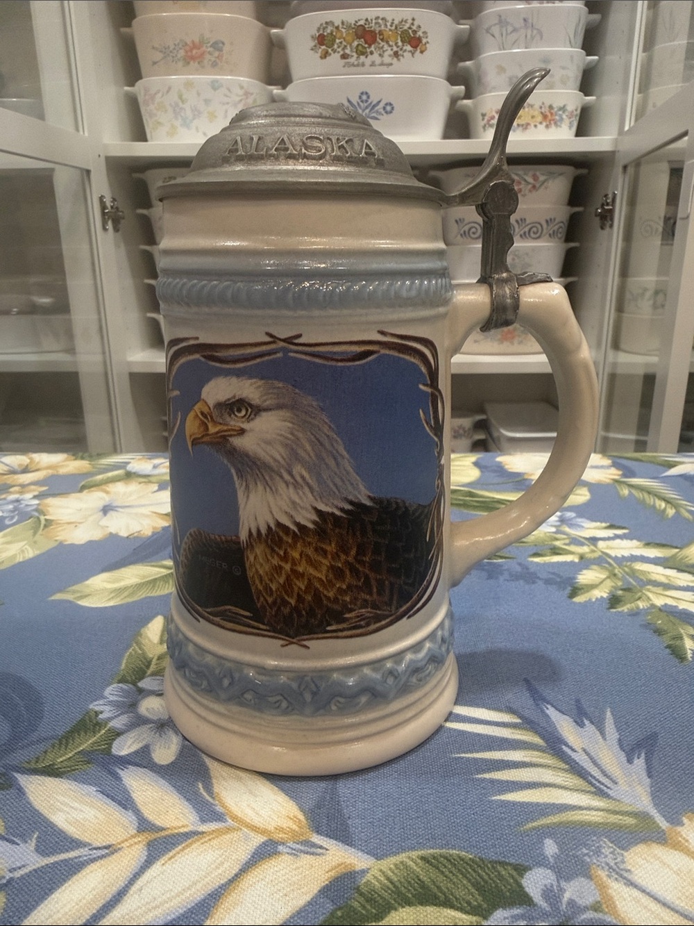 Alaska Ceramic Bald Eagle Beer Stein - Cream and Blue